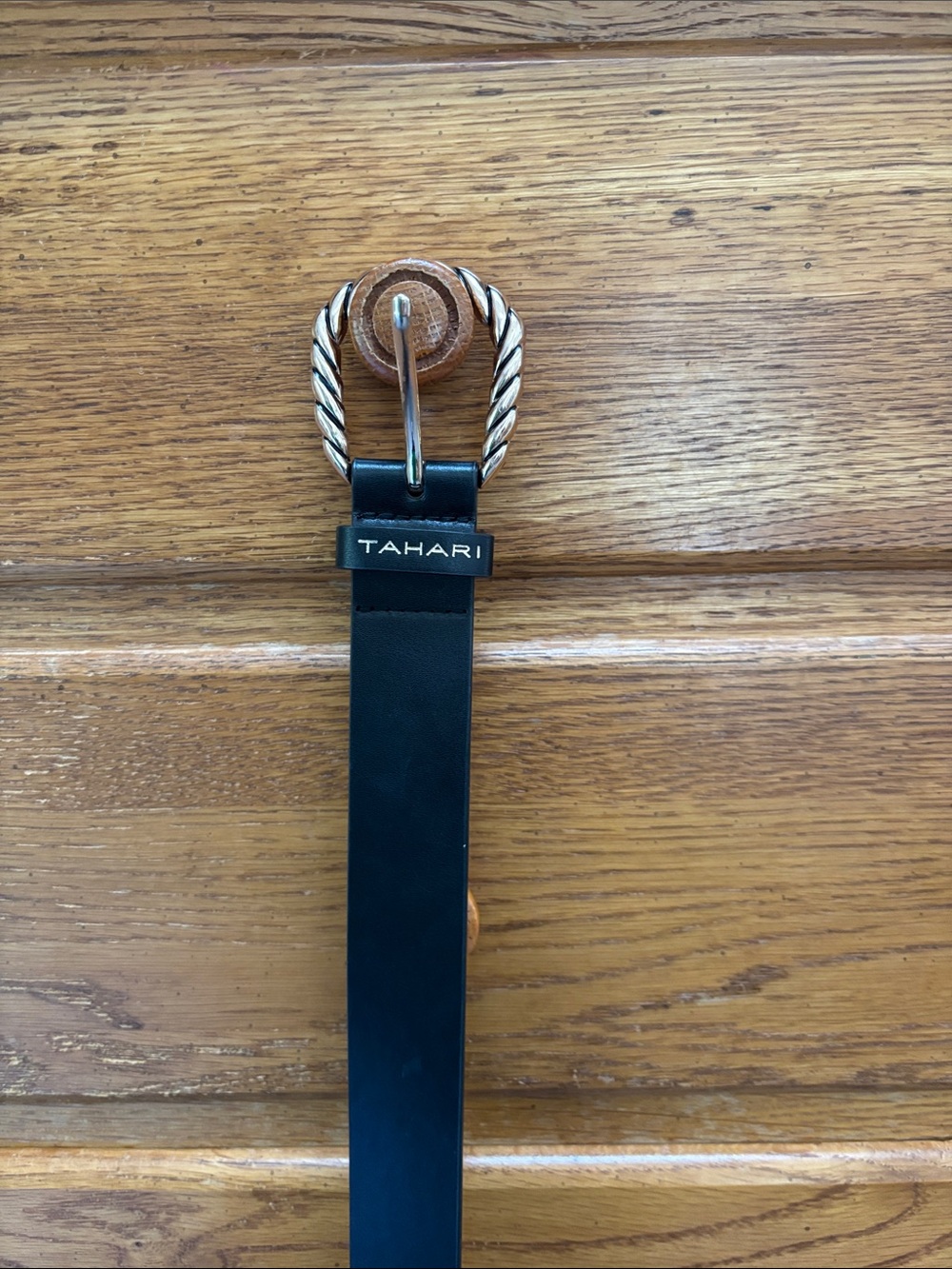 Tahari Black Leather Belt with Twisted Silver-Tone Buckle